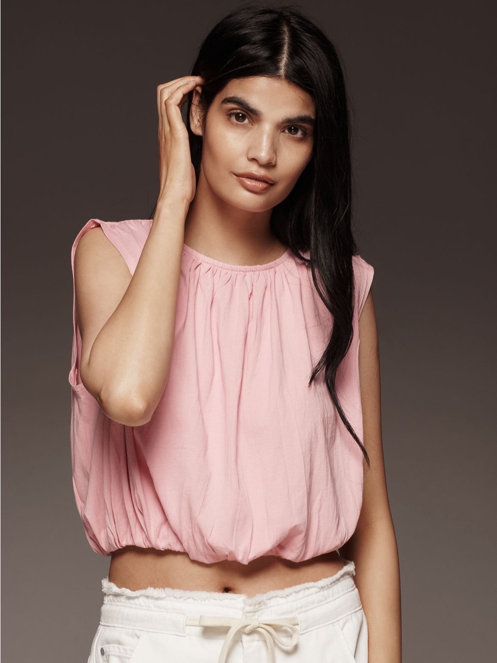 By Anthropologie Crop Bubble-Hem Tank Top in Frosted Tulip